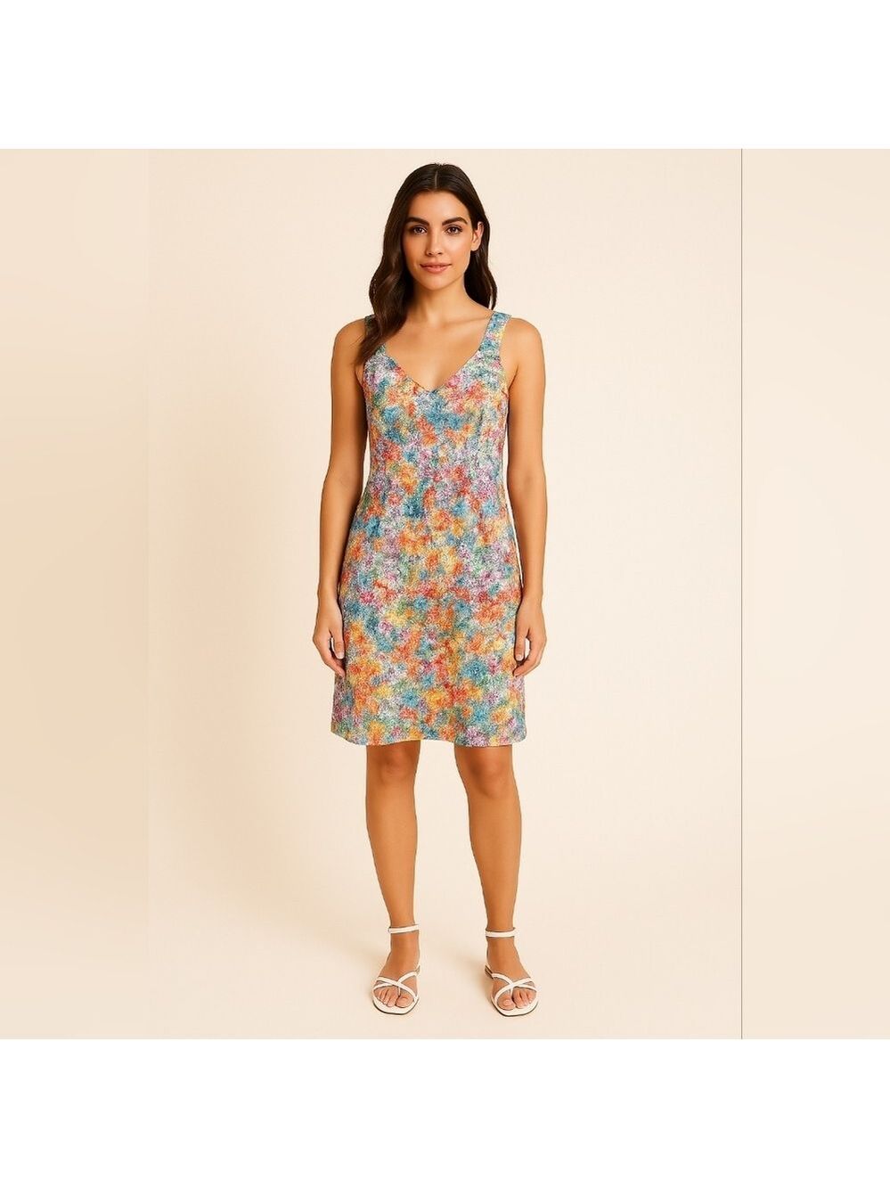 Yumi Multi-color Abstract Floral Fit&Flare Lined Cutout Back Dress Size 2/4 EUC